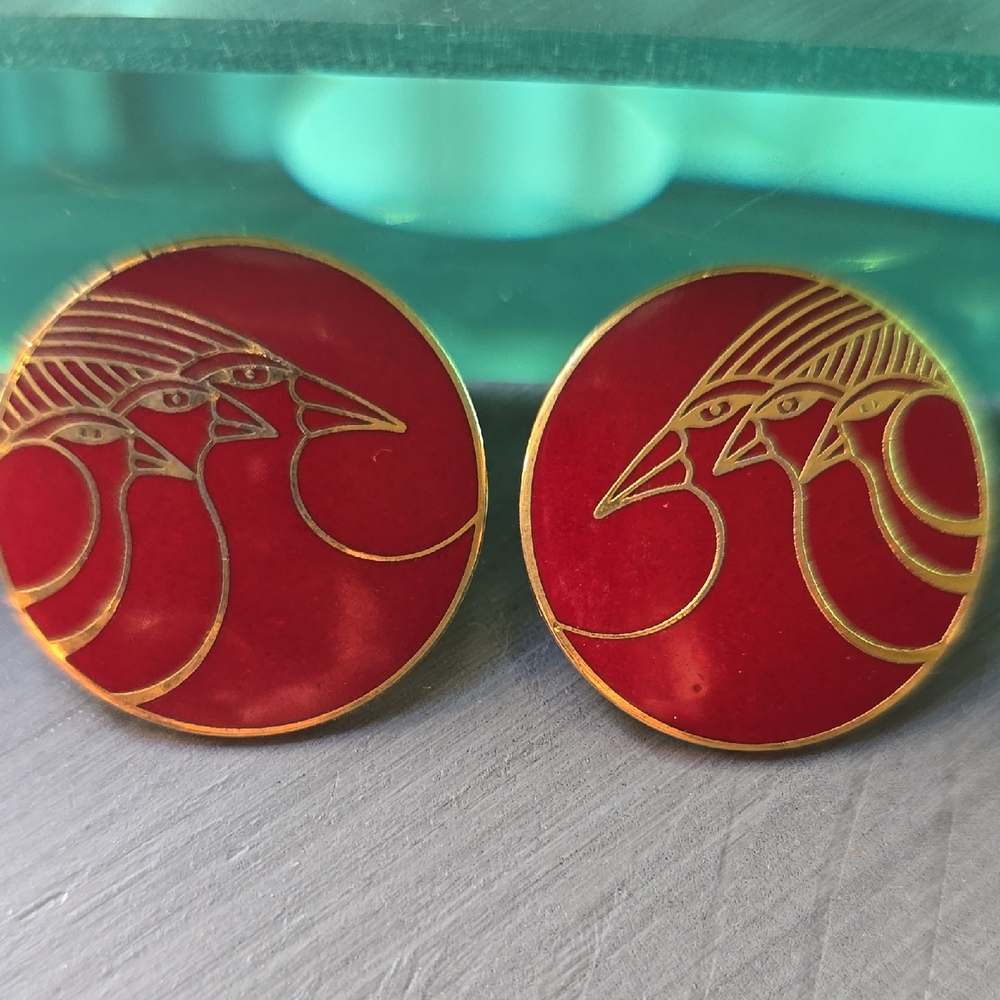 Laurel Burch Celestial Birds Red and Gold Earrings SIGNED